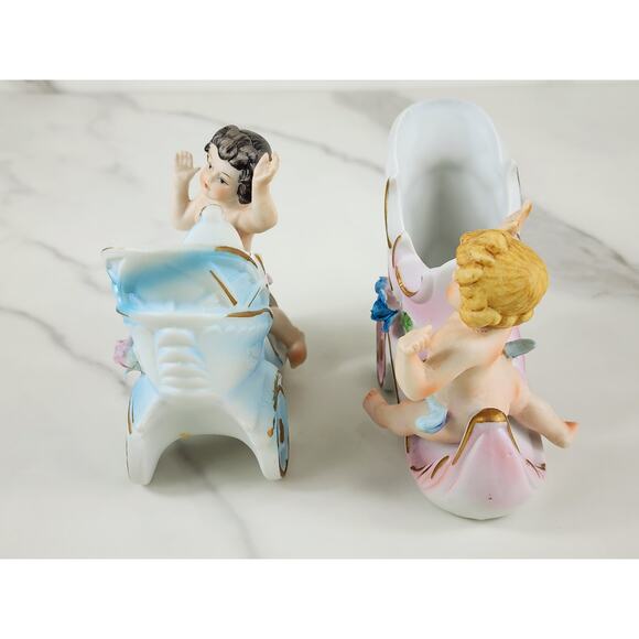 Putti Cherub Shoe Cart Porcelain Bisque 4" Figurine Blue Pink Home Decor x2 - Picture 7 of 16